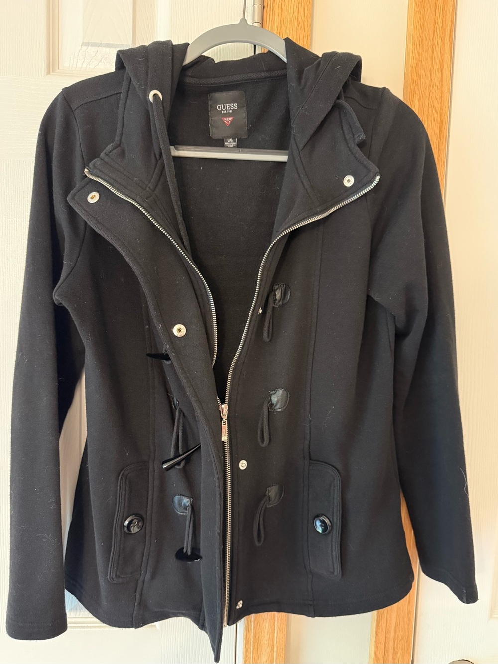 GUESS Black Hooded Pea Coat with Toggle Details